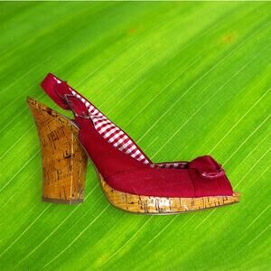 Tribeca by Kenneth Cole Red Cork and Gingham Slingback Heels Size 8.5